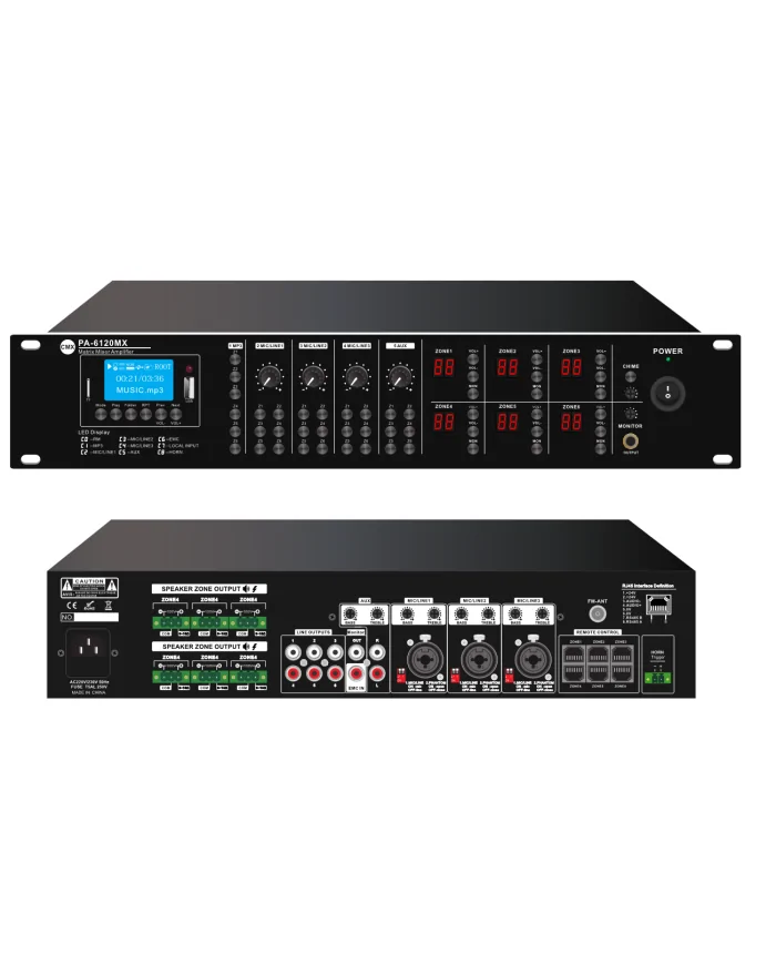 Impianto audio con matrice amplificata a 6 zone indipendenti PA6120MX