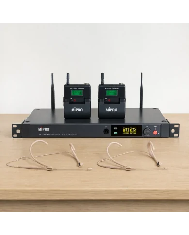Kit radiomicrofono digitale Mipro con 2 bodypack e 2 microfoni archetto color carne
