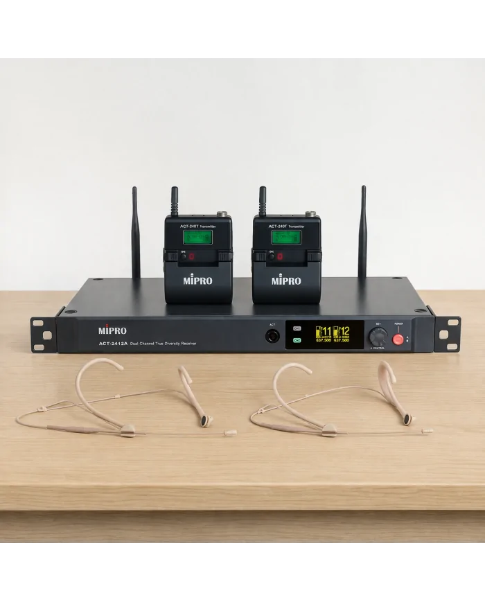 Kit radiomicrofono digitale Mipro con 2 bodypack e 2 microfoni archetto color carne